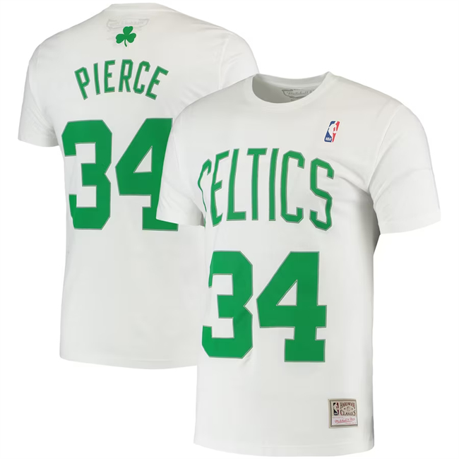 Men's Boston Celtics #34 Paul Pierce White Name & Number T-Shirt Men's Boston Celtics #34 Paul Pierce White Name & Number T-Shirt